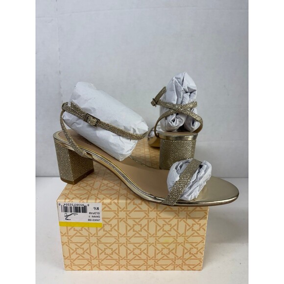 Jewel Badgley Mischka Women's Danni II Gold Low Block Heel Strappy Sandal 9.5M - Picture 1 of 6